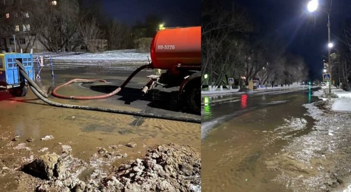 Flood on one of the streets of Pavlodar: traffic is blocked, basement is flooded